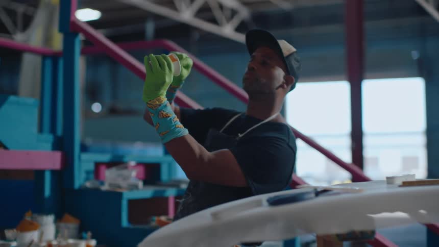 A man in a workshop mixes a substance before applying it to a surfboard