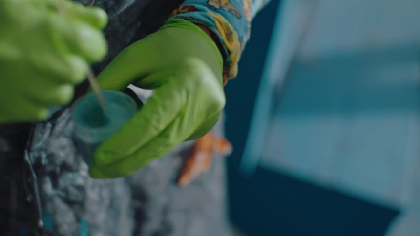 Closeup view of hands wearing green latex gloves mixing paint in a small container