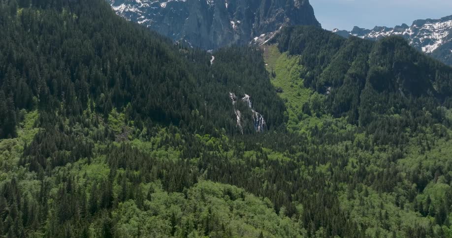 A cascade of waterfalls flow along a steep ridge surrounded by green forest and snowcapped peaks