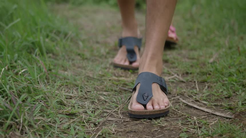 Two people walk in the grass