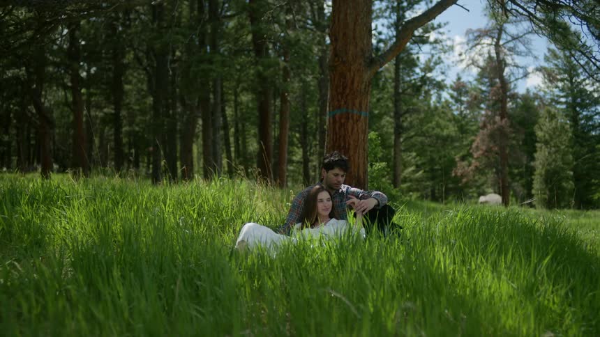 A couple sit together under a tree surrounded by tall green grass next to a forest