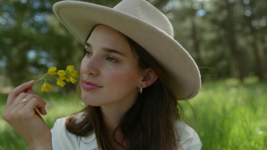 A womans closeup face wearing a widebrimmed hat smelling flowers in a field