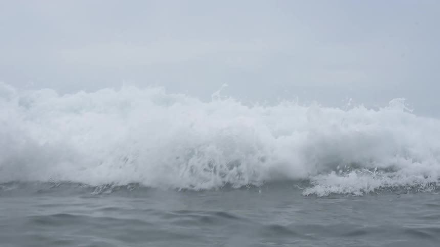 Waves with foam flowing across the sea on a cloudy day