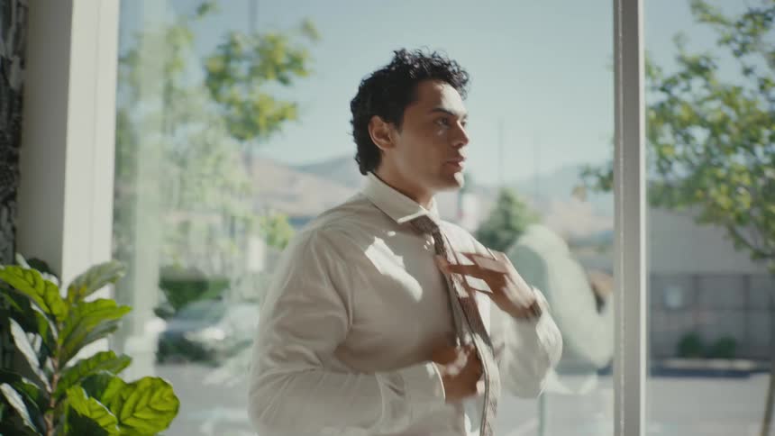 Man in an office room adjusting his tie and taking a deep breath
