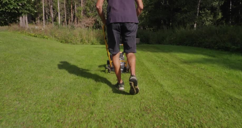 View from behind of a man walking in a yard cutting grass