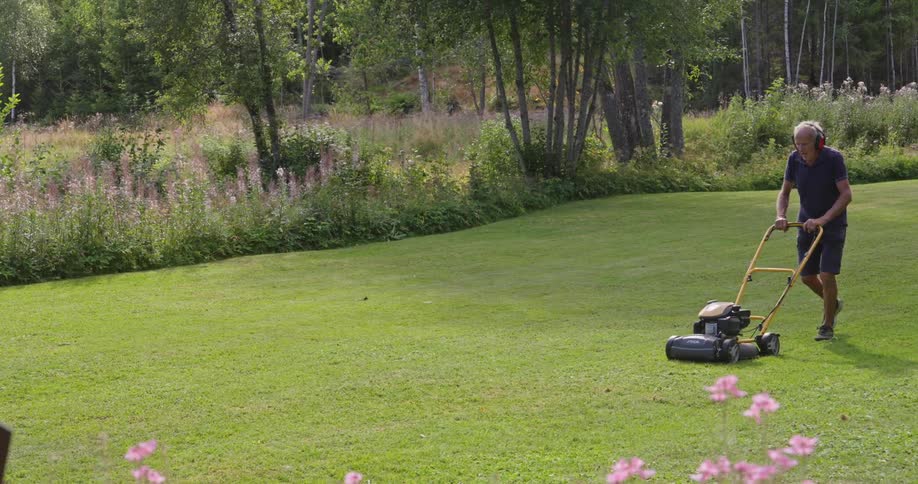 Elderly man with a machine cutting grass in a garden