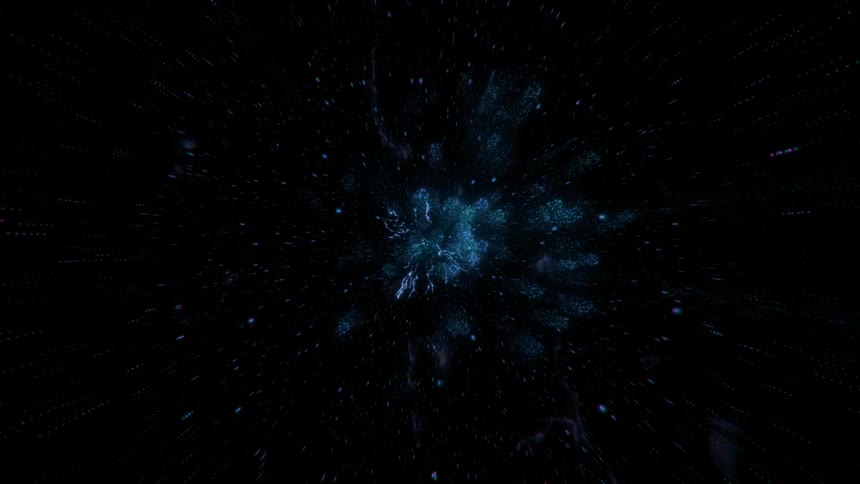 Particles collide in an abstract fractal explosion of blue light on a black background