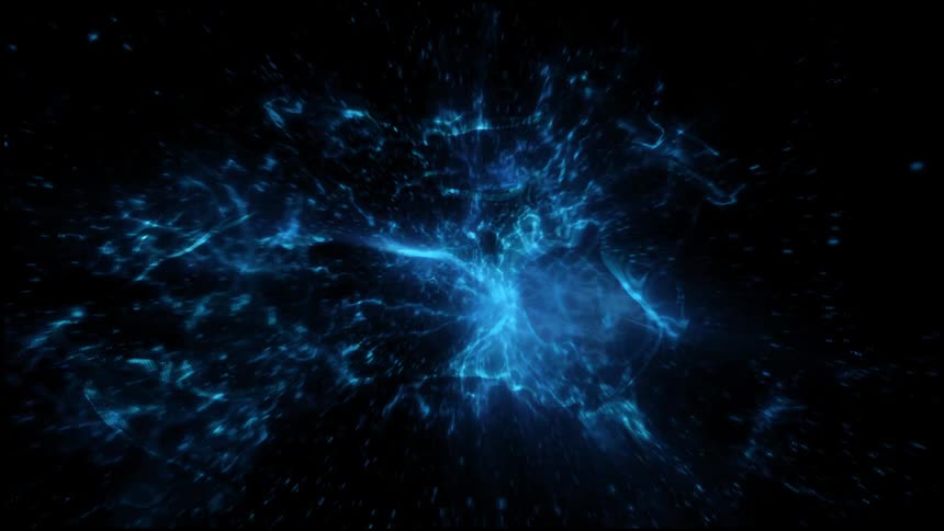 Electric particles forming an abstract shape of blue energy lights and neural net