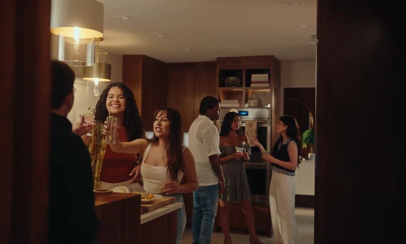 Women and men friends in the kitchen talking and toasting at a party