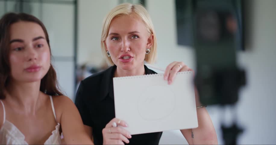 Two young women talking on a cell phone that is filming them and the blonde woman holds a paper up to her face