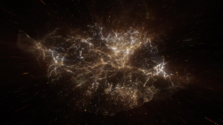 An animation of abstract energy rays flowing through the darkness forming a neural network abstract life form