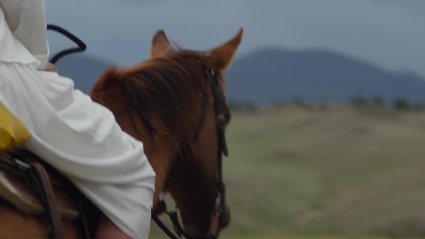 A man and a woman wearing cowboy hats are riding horses in a grassy field with rocks