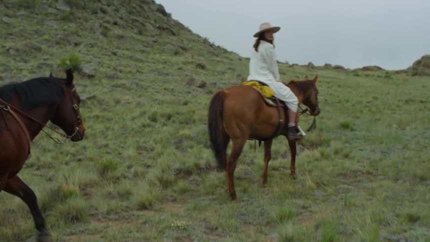 A man and a woman ride horses over a grassy area
