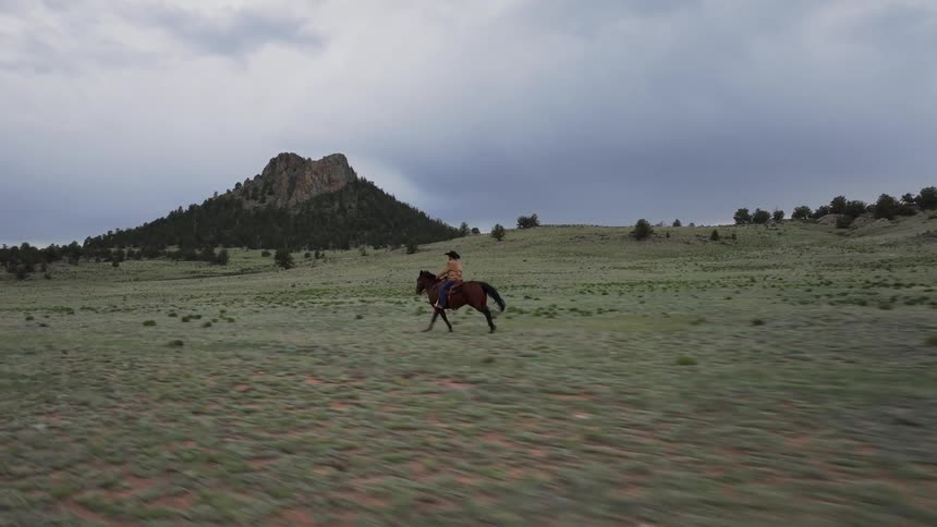 Person riding a horse quickly through a vast field with mountains in the background