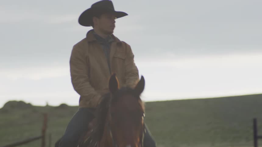 Cowboy riding a horse and on a farm