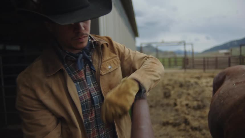 A cowboy pets a horse in a pen on a farm