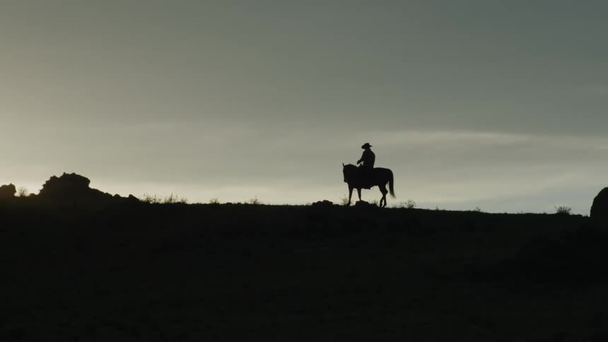 A man rides a horse across an open area