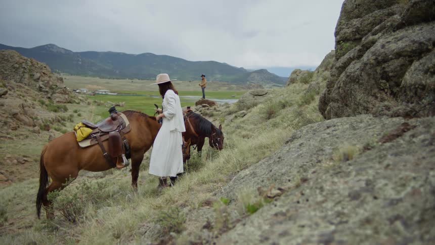 Woman in a white dress next to horses in a valley