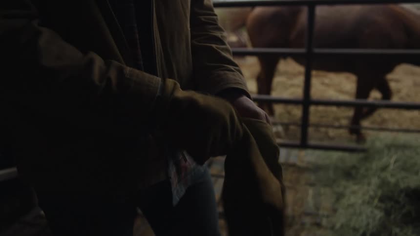 Horse grazes in nearby corral while a rancher cleans his glove in a structure storing hay