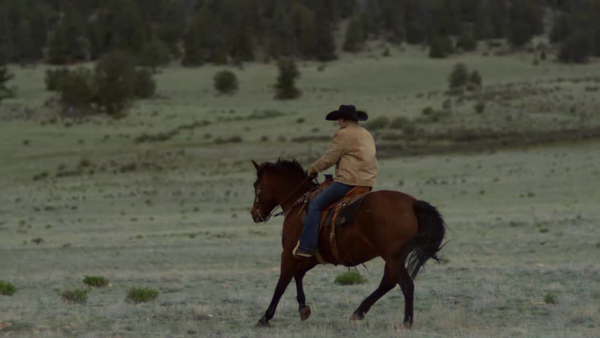 Man riding a horse in a field with hills
