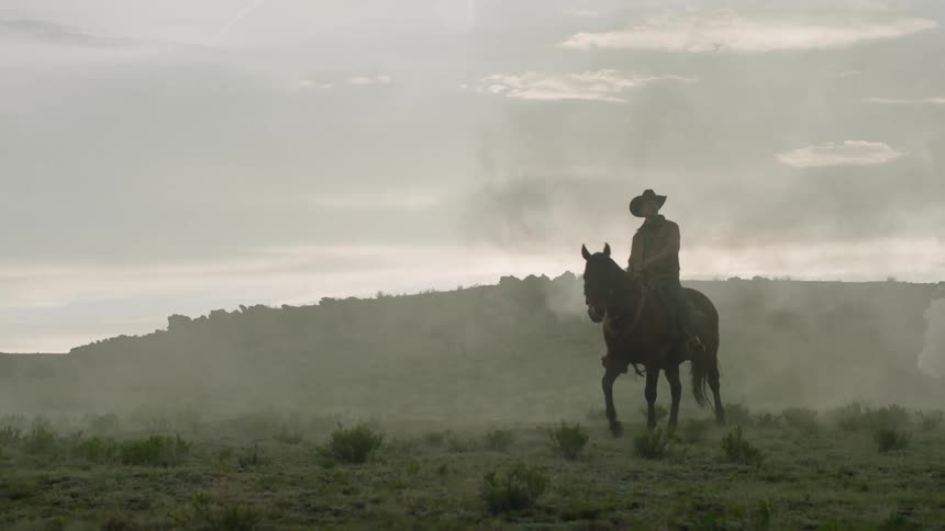 A cowboy rides a horse through a field at dusk
