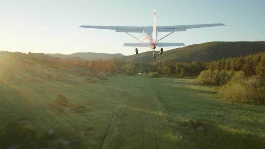 A plane takes off on the field