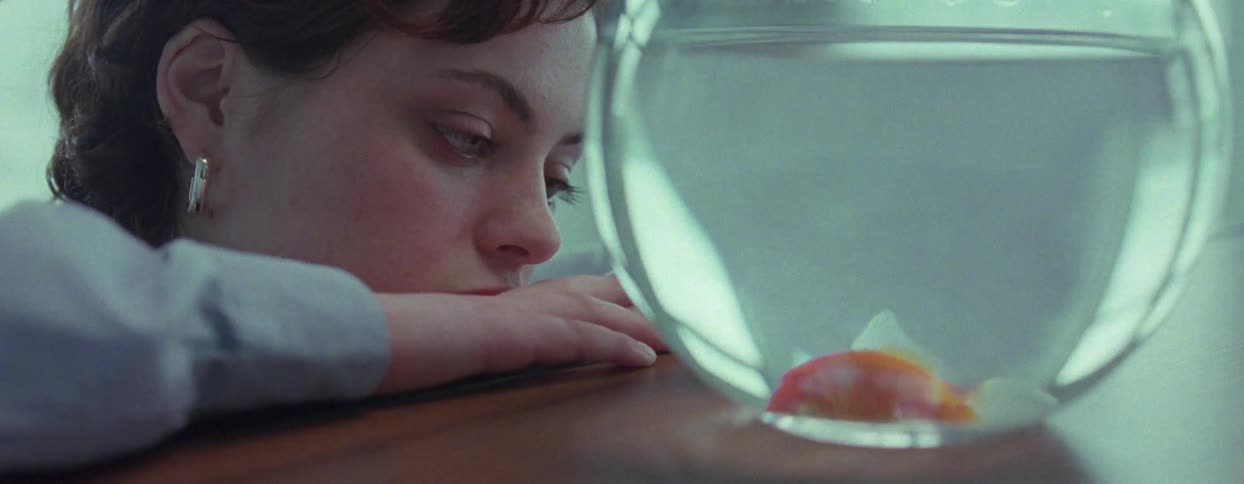 Woman staring at a fish in a small glass aquarium
