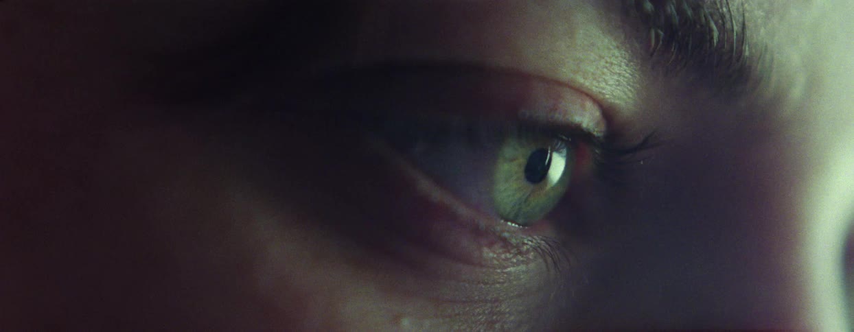 A persons eye with a green iris and it is blinking