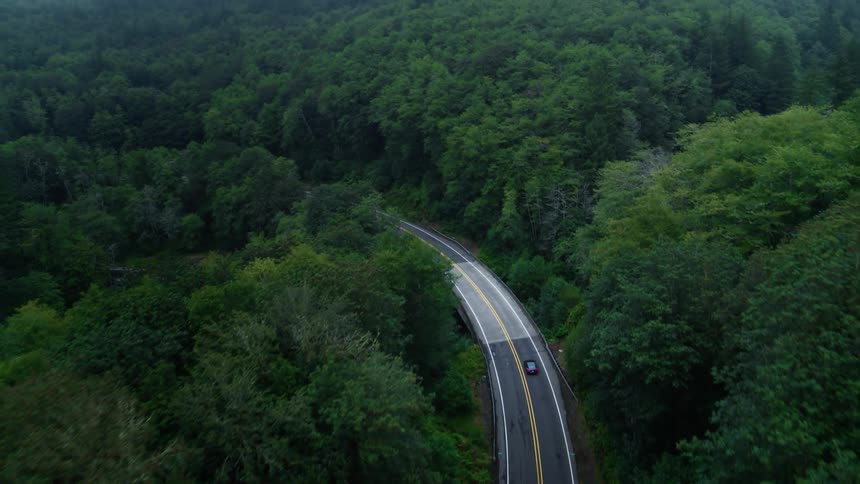 Aerial view of a vehicle traveling on a highway surrounded by dense forests