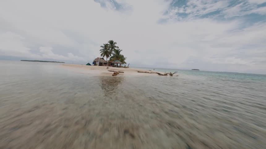 Paradise Island with Pelicans Gliding Over Shallow Waters and a few Remote Huts Surrounded by Palm Trees