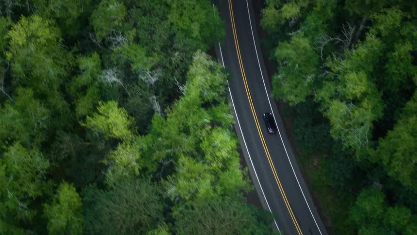 A winding road surrounded by lush green trees with a car traveling along it from an aerial perspective