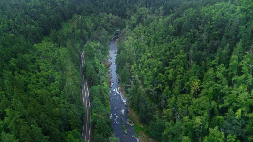 Vehicle drives along a highway paralleling a river through the forest