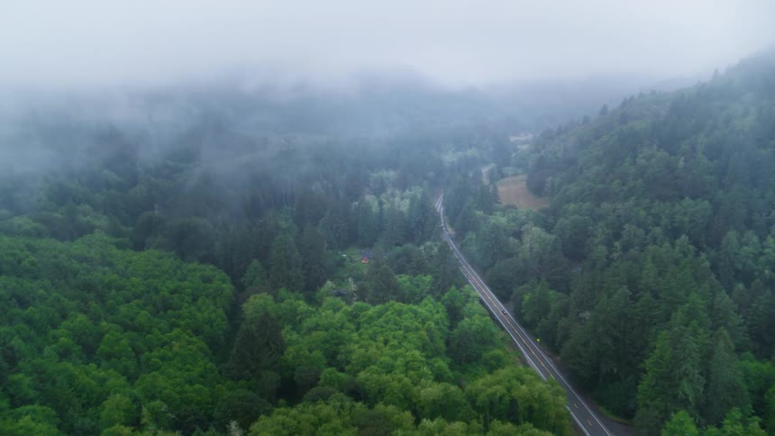 An aerial view of a winding road cutting through a dense misty forest nestled in the mountains