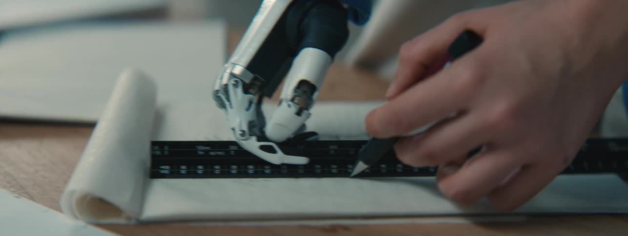 Woman with a prosthetic hand uses a ruler to draw a line