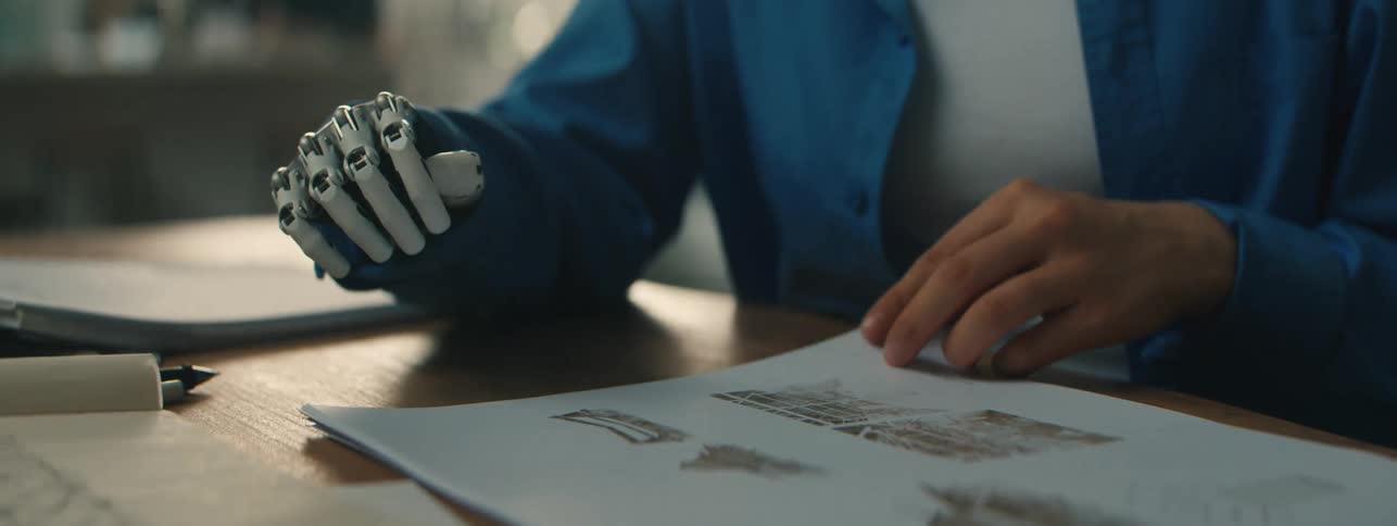 Person with a robotic hand turning the page of a book on the table