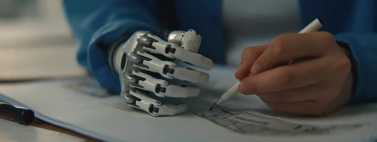 Hand of a robotic woman and a human hand drawing a project