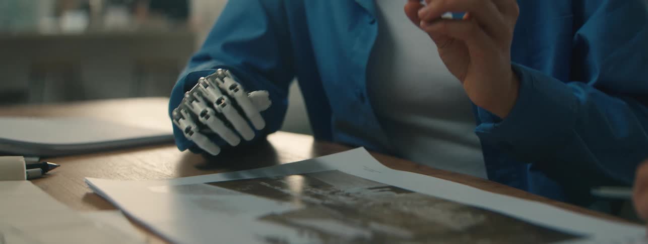 A woman with a prosthetic hand points at a photo and gestures