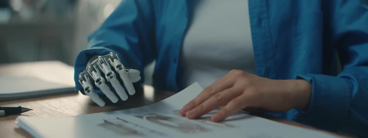 Close up of the hands of a woman wearing a robotic prosthesis handling drawings and blueprints