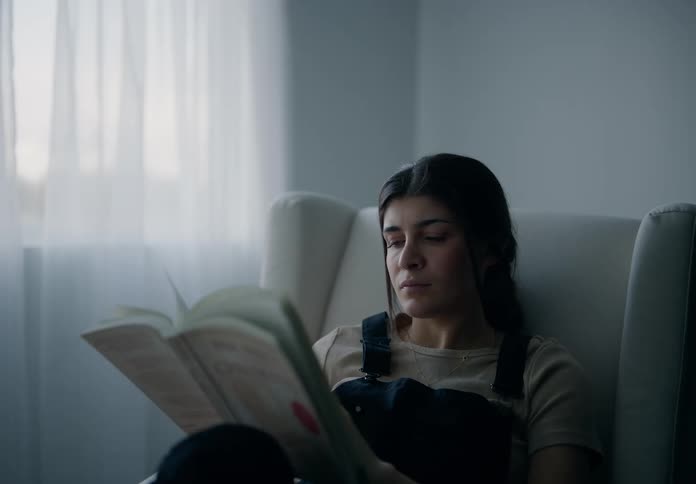 A pregnant woman sitting in an armchair reading a book next to a window