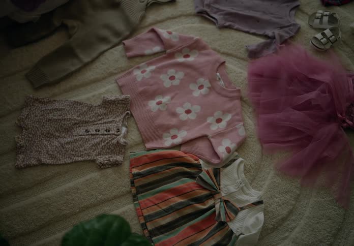 Close up of baby clothes arranged over a rug in the living room