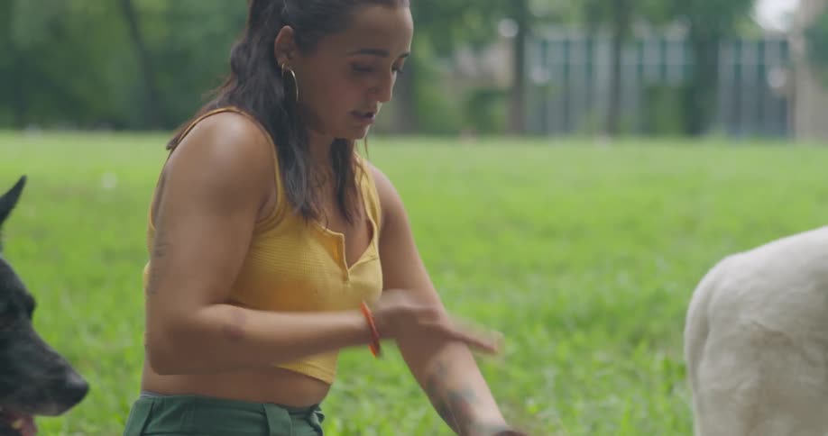 A young woman is walking three dogs in a park while carrying a plastic cup with a drink then she falls down spilling her drink then one of the dogs licks her face making her laugh