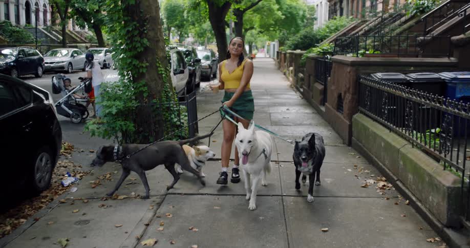 A woman holds a drink while walking four dogs