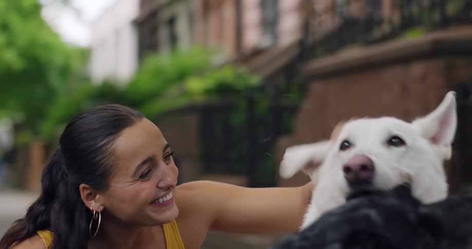 Woman crouched on the city sidewalk petting her dogs