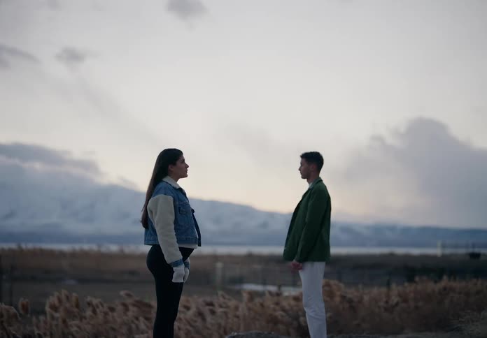 Man facing a pregnant woman in a field with mountains in the background