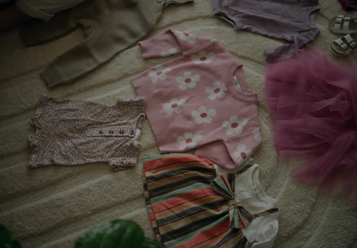 A set of baby clothes neatly arranged over a rug in the livingroom