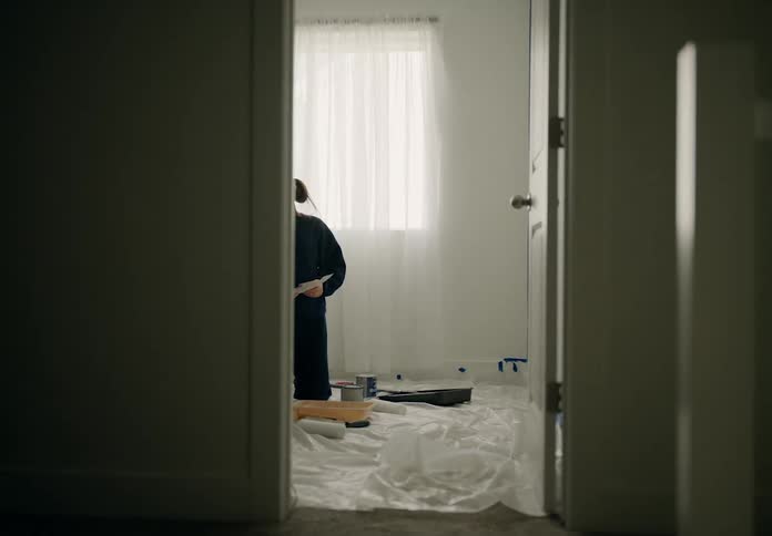 A woman kneeling in the middle of a room surrounded by painting supplies painting the room