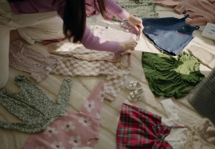 Man and woman organizing baby clothes on a living room rug