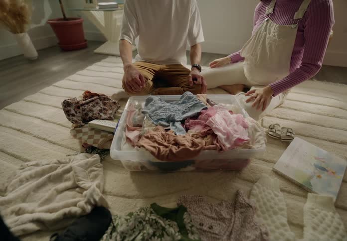 A couple sitting on the floor folding laundry from a basket in a well lit cozy living room with plants and furniture
