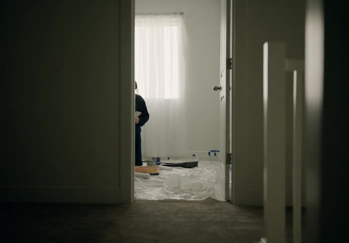 Person inside a room with painting equipment