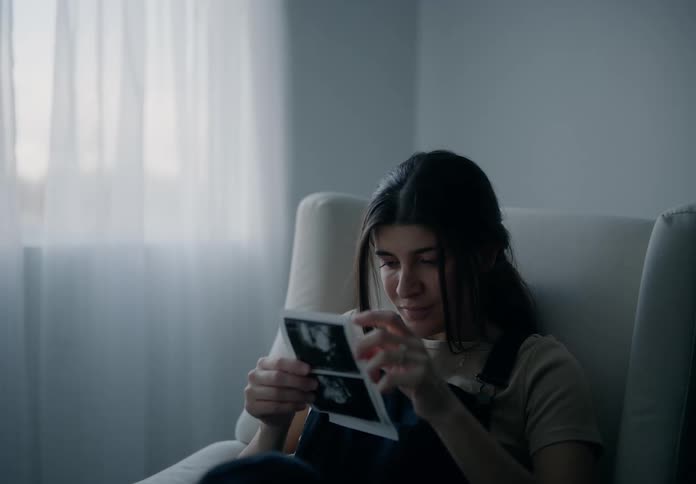 A young woman sitting and looking at her sonogram then tucking a lock of hair behind her ear